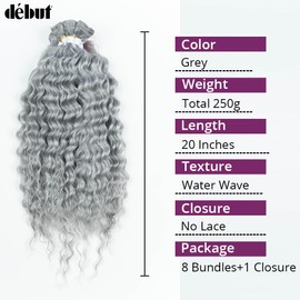 DÉBUT Gray Synthetic Hair 8 Bundles with Simple Closure Water Wave High Temperature Fiber Wavy Hair Weave 9PCS 20 Inches Grey Color 240G