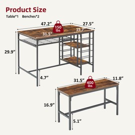 Dining Table Set for 4, Kitchen Table with 2 Benches, Wine Rack and Storage Shelf, Rectangular Dining Room Table Set, 3 Piece Dining Table Set for Small Space, Apartment, Dinette, Rustic Brown