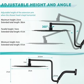 10" Rainfall Shower Head with Handheld Combo, Upgrade 12" Extension Arm Height Adjustable, Stainless Steel Shower Head Brass Shower Holder Extra Long Shower Hose, Matte Black