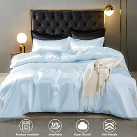 HOdo Home Satin Duvet Cover Queen Size, 3 Piece Silk Like Comforter Cover, Ultra Soft and Breathable Bedding Set with Zipper Closure & Corner Ties