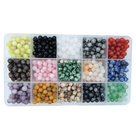 750pcs 6mm Natural Round Stone Beads Real Gemstone Beading Loose Gemstone Hole Size 1mm DIY Smooth Beads for Bracelet Necklace Earrings Jewelry Making,Box Packed(15 Material -2,6mm)