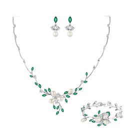 EVER FAITH Party Prom Cubic Zirconia Jewelry Set, Simulated Pearl Marquise Flower Filigree Necklace Earrings Bracelet Set Green Silver-Tone