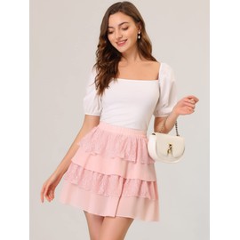 Allegra K Women's Ruffled High Waist Mini Layered Tiered Skirt X-Small Pink