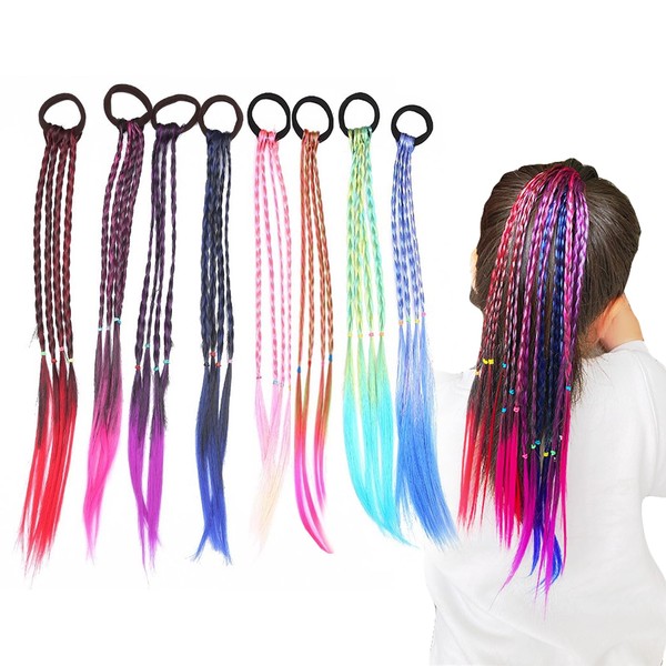 Bettinay 8PCS Coloured Hair Extensions, Braided Rubber Bands Wig Braid