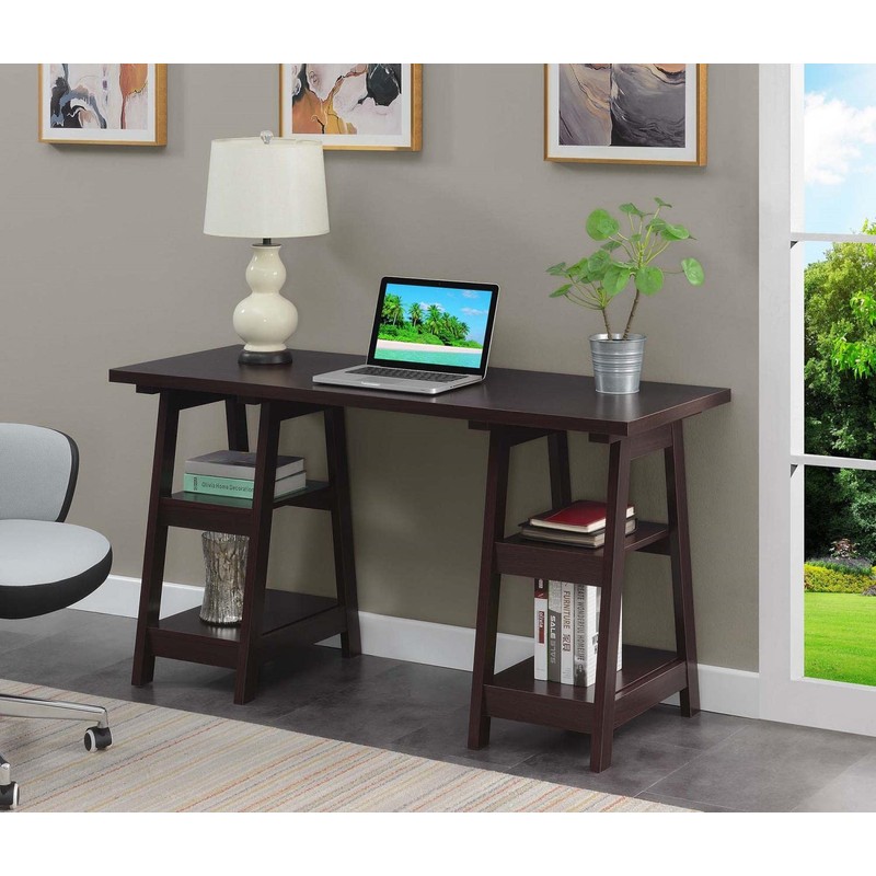 Convenience Concepts Designs2Go Double Trestle Desk with Shelves, Espresso