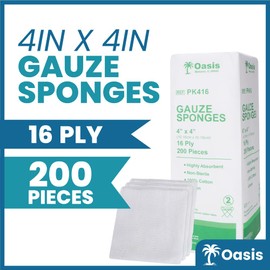 Oasis Gauze Sponges, 100% Cotton, Woven Non-Sterile Gauze (Pack of 200) (4"x4", 16-Ply)