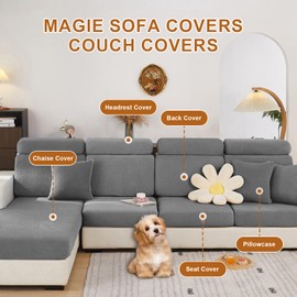 Couch Cushion Covers, Sectional Couch Covers, Stretch Couch Covers for L Shaped & Modular Seats, Pet-Friendly Furniture Protector with Stripe Design (Gentleman Gray, Back Cover L)