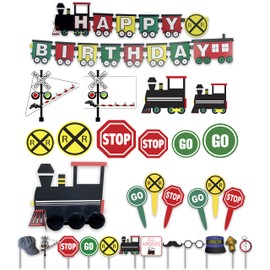 Havercamp Train Birthday Party Supplies: 7ft Happy Birthday Banner, Centerpiece, 12 Photo Props, 10 Cardboard Train Cutouts Decorations, 24 Party Picks