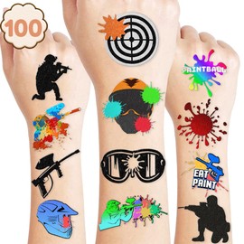 Paintball Temporary Tattoos Gun Birthday Party Decorations Favors Supplies Shooting Themed Cute Stickers 10 Sheets 100 PCS Gifts for Baby Girls Boys Class School Carnival