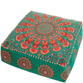 Mandala Life ART Turquoise Velvet Pouf Cover - Soft Sqare Floor Pillow - Embroidered Ottoman Slipcovern, 24x24x8 Inches, Ideal for Living Room, Bedroom, or Meditation Space - Cushion