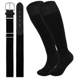 Oblihumoy Black Baseball Socks and Belt Combo Set Softball Football Socks and Elastic Waist Belt for Youth Adult