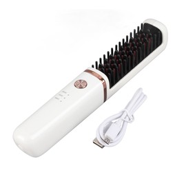 Hair Straightener Brush USB Rechargeable Hair Straightening Curling Brush Pearl White