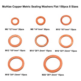 MuHize Copper Washers - Upgraded 150PCS 8 Sizes Copper Metric Sealing Washers Flat Washers Assortment Kit (M6 M8 M10 M12 M14 M16 M18 M20)