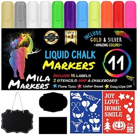 Chalk Markers by Mila Markers, Pack of 11 + A Chalkboard + Christmas Drawing Stencils + 16 Labels, Premium Liquid Chalkboard Neon Pens, Including Gold, Silver and Extra White Ink ,6mm Tips