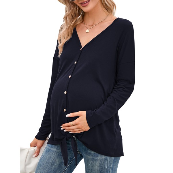 KOJOOIN T-shirt d'allaitement pour femme - Col en V - T-shirt de grossesse - Manches longues - Avec boutons noués - Pour maternité (emballage multidirection), bleu foncé, S