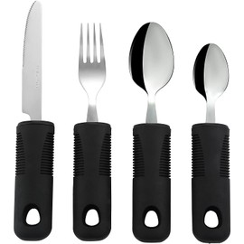 Adaptive Utensils Set (4-Pieces), Non-Weighted, Non-Slip Handles for Hand Tremors, Arthritis, Parkinson's or Elderly use (Thick Handle - Black)