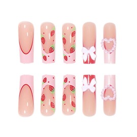 DANMANR Fake Heart Nails Pink Long Press on Coffin Nails Cute Full Cover Acrylic French Bow Fake Nails for Women and Girls 24PCS