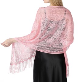 Ladiery Women's Floral Lace Scarf Shawl with Tassels, Soft Mesh Fringe Wraps for Wedding Evening Party Dresses