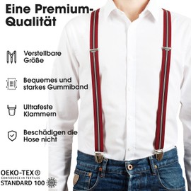 Pierrot Thin Braces for Men Made in Germany / France - Strong Elastic Band & 4 Extra Strong X-Clips - Adjustable Length up to 130 cm - Lifetime Guarantee - 100% German and French, Red, blue and beige