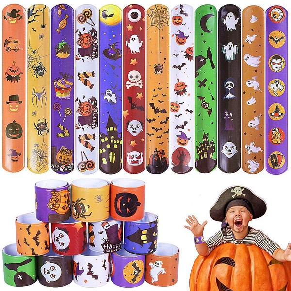 Max Fun 48PCS Halloween Slap Bracelets Party Favors Pack (12 Designs) with Spider Pumpkin Ghost Animal Print Craft for Halloween Party Birthday Gifts (Halloween Slap Bracelet)