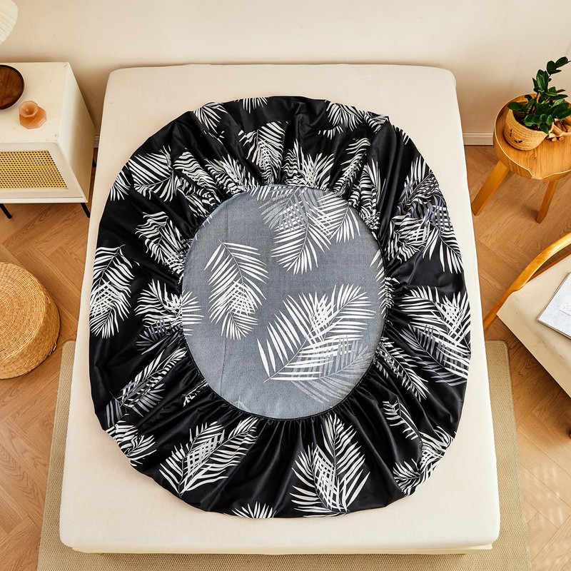 Jemiipee Super King Fitted Sheet Black Tropical Leaves Pattern, 30