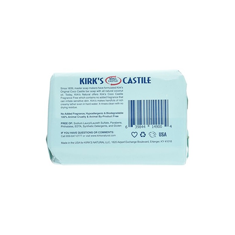Kirk's Coco Castile Soap, Fragrance Free (Pack of 5)