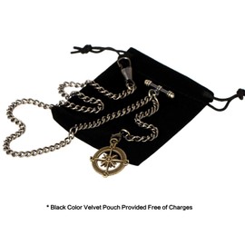TREEWETO Men's Albert Chain Pocket Watch Curb Link Key Chain 2 Hooks with Antique Compass Bronze Pendant Design Charm Fob T Bar