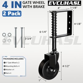 EVCUHASL 4" Spring Loaded Gate Caster Wheel with Side Brake, Heavy Duty Gate Wheels with 360° Swivel for Outdoor Wooden Gates, Fence Gates and Metal Tube Gate, 220 Lbs Capacity, Black, 2 Pack