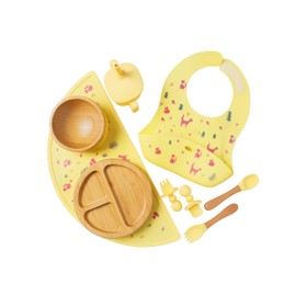 Bamboo Baby Feeding Set for Infants & Toddlers - Baby Essentials, Non-Toxic, Sustainable, Bamboo Suction Plate & Bowl, Bib, Sippy Cup w/Lid & Straw, Daily Use, Travel, Baby Shower Gifts (Yellow)