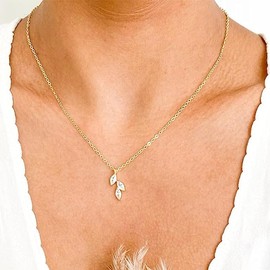 ASCOMY Dainty Gold Necklaces for Women, 14k Gold Plated Delicate CZ Pendant Necklace CZ Leaf Pendant Chain Necklace Simple Necklace for Women Trendy Minimalist Everyday Jewelry Gifts for Women Girls
