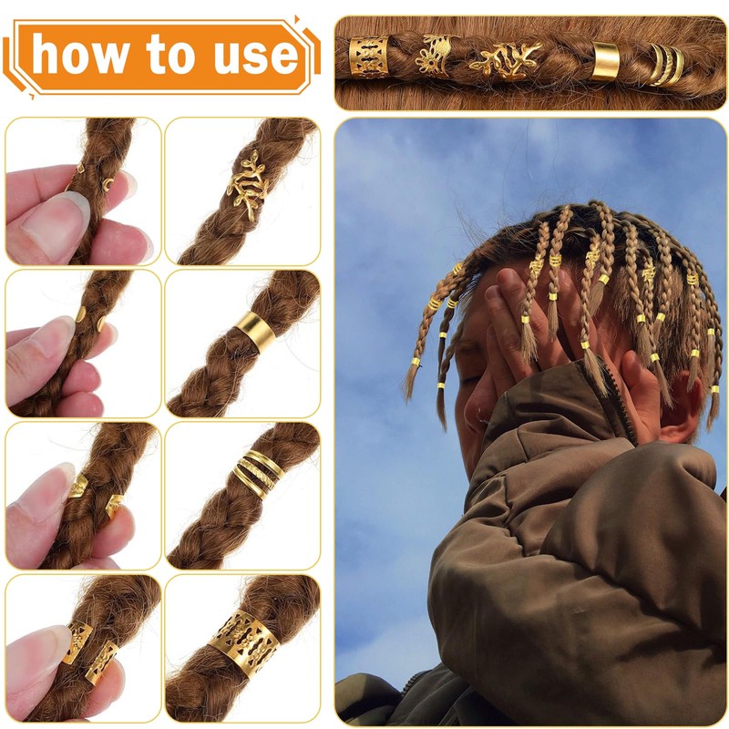 WD&CD 53 Stück Gold-Haarschmuck, Dreadlocks Schmuck, Metall-Gold-Zöpfe Dreadlock-Zubehör Haarspiralen Clips