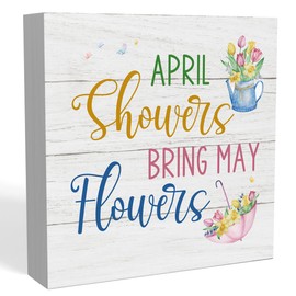 Rustic Spring Office Desk Decor - Cute April Showers Bring May Flowers Spring Wood Sign - Farmhouse Spring Tiered Tray Decoration - Cubicle Shelf Bathroom Decor for Women 5 x 5 in