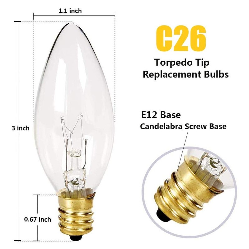 SUNSGNE 25 Pack Candle Light Bulbs, C26 Crystal Clear Torpedo