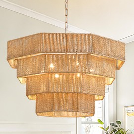NOXARTE 25.6" Hand-Woven Rattan Chandelier 6-Lights Vintage Farmhouse Boho Chandeliers Light Fixture Rustic Drum Wicker Rattan Pendant Light for Dining Room, Kitchen, Living Room, Bedroom, Hallway