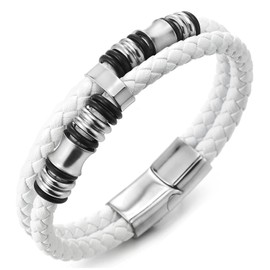 COOLSTEELANDBEYOND Mens Double-Row White Braided Leather Bracelet Bangle Wristband with Silver Color Steel Ornaments