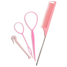 4 Piece Hair Braiding Tool Kit Professional Hair Styling Set for Perfect Braids, Includes Hook, Comb, Clips, and Accessories Ideal for Beginners and Expert (Pink)