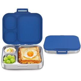 Howeemo Stainless Steel Bento Box Kids, Leak Proof Metal Bento Lunch Box,3 Compartments 304 Stainless Steel Bento Lunch Containers for School and Office,Dishwasher Safe, BPA-Free(Blue)