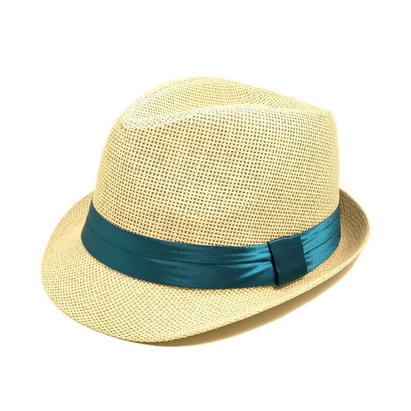 TrendsBlue Classic Natural Fedora Straw Hat, Teal Band