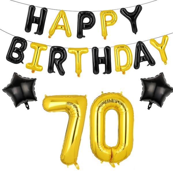 70th Happy Birthday Balloons Banner, 16 Inch Gold Black Foil Balloons Birthday Banner 70th Party Supplies for Seventy Year Old Birthday Party Photo Props Background Decorations
