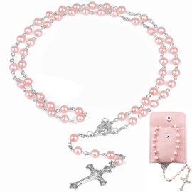 JOOTUEPO Rosary Beads Catholic, Pink Pearl Rosary Beads Catholic Necklace Glass Beads Necklace with Crucifix Charms Rosary Beads Necklace Prayer Beads Necklace Catholic Rosary Necklace