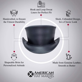 American Hat Makers Marlow Leather Top Hat — Stylish & Shapeable Wide Brim Hat (Black)