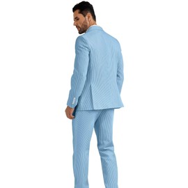 High-End Suits Men's Seersucker Suits 2 Piece Casual Summer Beach Wedding Prom Suit Lake Blue Prom Striped Blazer Pants XS
