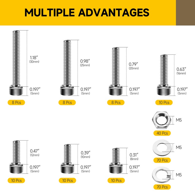 Mywish 244Pcs M5 Screw Metric Screw Assortment Kit 304 Stainless