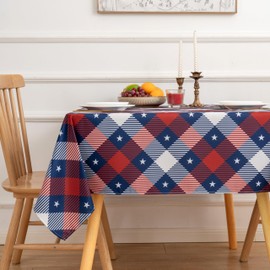 VEDACHIC 4th of July 54x54 Square Tablecloth Patriotic Memorial Day Red Blue Buffalo Plaid Stars Table Cloth - Polyester Independence Day Table Cover Washable Waterproof for Party Picnic Dinner Décor