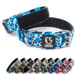 TSPRO 3.8 cm Wide Tactical Dog Collar, Adjustable Robust Dog Collar with Metal Buckle and 3 Patches, Military Strong for Large, Extra Large Dogs, Camo Blue (Camo Blue-L)