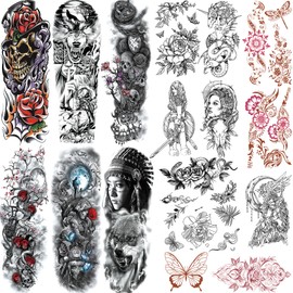 CUTELIILI Flora Temporary Tattoo for Women, 6 Sheets Sleeve Tattoos Full Arm Temporary Tattoo, 11 Sheets Half Arm Fake Tattoos That Look Real, Skeleton, Butterflies