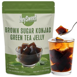 HeySweet Green Tea Jelly – Brown Sugar Konjac Jel Dessert, Vegan Jello, Dye Free Jello, Halal Jello, No Artificial Sweeteners | Toppings for Iced Tea, Drinks, Matcha, Ice cream | 9 oz (8 Servings)
