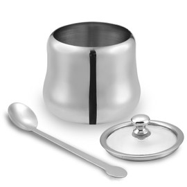 RAMFIYN 12oz Stainless Steel Sugar Bowl Decorative Silver Ghee Container with Spoon and Glass Lid Small Spice Jars for Seasonings Condiment Pot for Kitchen Coffee Table