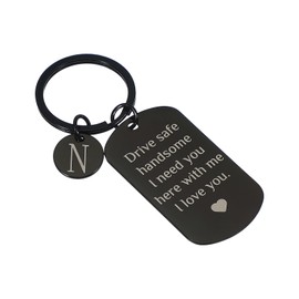 PATIKIL Drive Safe Keychain, 1 Set Letter N Keychain I Need You Here with Me I Love You Custom Keychain with Gift Box for Him Christmas Valentines Day Gifts, Black White