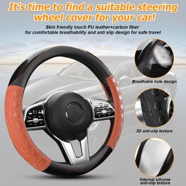 FALVFUN Car Steering Wheel Cover, 15 inch Leather Non-Slip Vehicle Steering Wheel Protector, Breathable Automotive Interior Protection Accessories, Universal for SUV Sedan Truck (Orange)